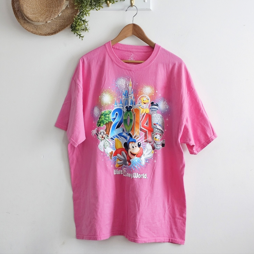 Disney World 2014 Sorcerer Mickey Graphic Tee Pink 2XL Disneyland Parks Shirt